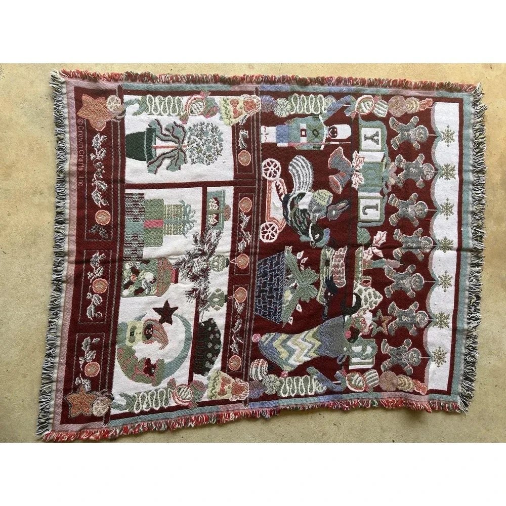 Vtg Christmas Tapestry Blanket Throw Crown Crafts Cookie Elf Santa Nutcracker